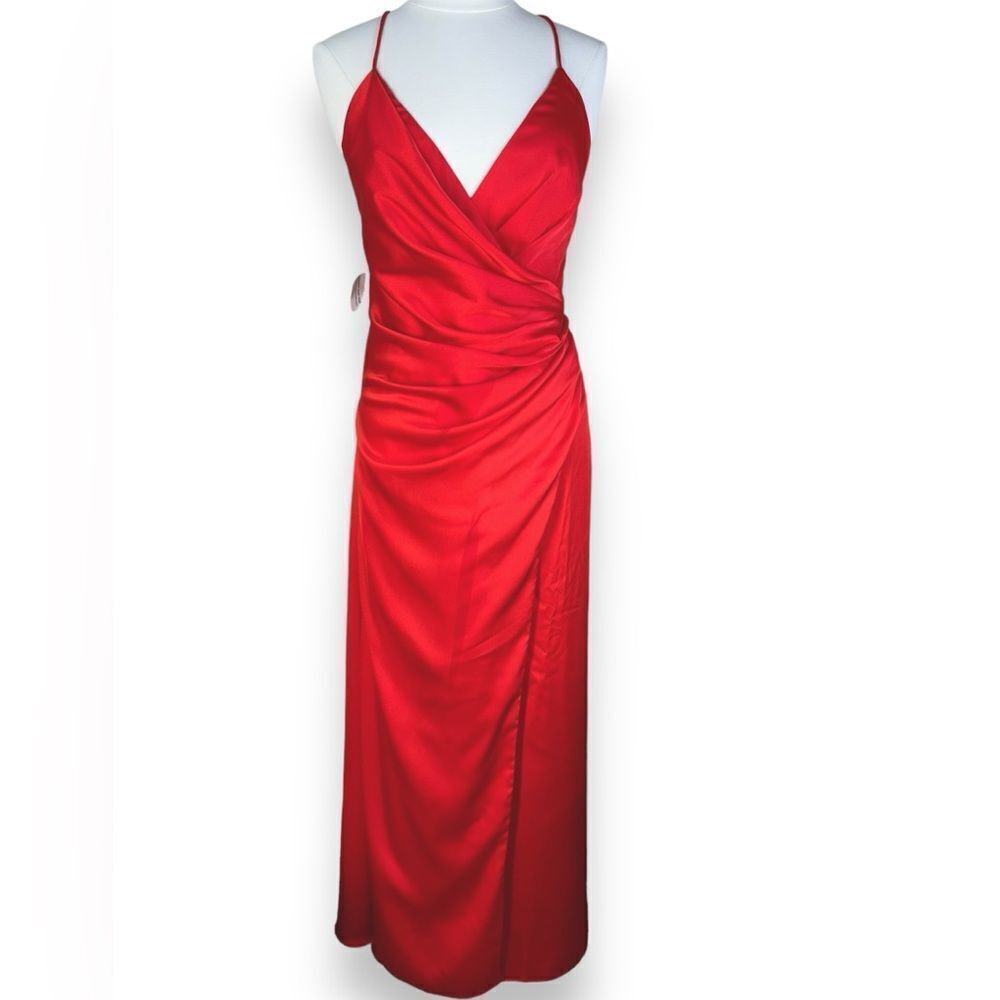 Fame & Partners Zarita Red Maxi Wrap Dress Matte Satin Glam Gown Strappy Slit 10